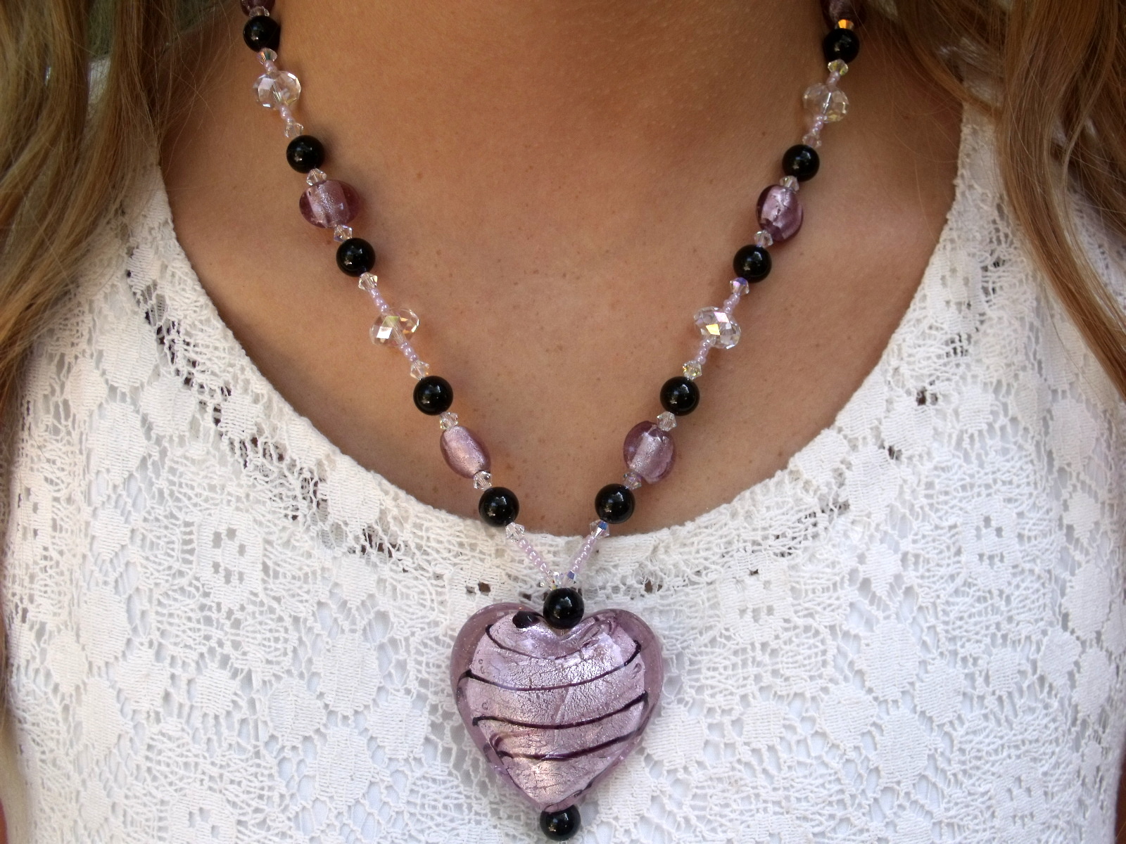 Creative Art Expressions Pink Black & Crystal Heart Necklace Jewelry Design
